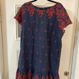 GASLON 100% COTTON LARGE SIZE 10 EMBROIDERED NAVY AND RED DRESS